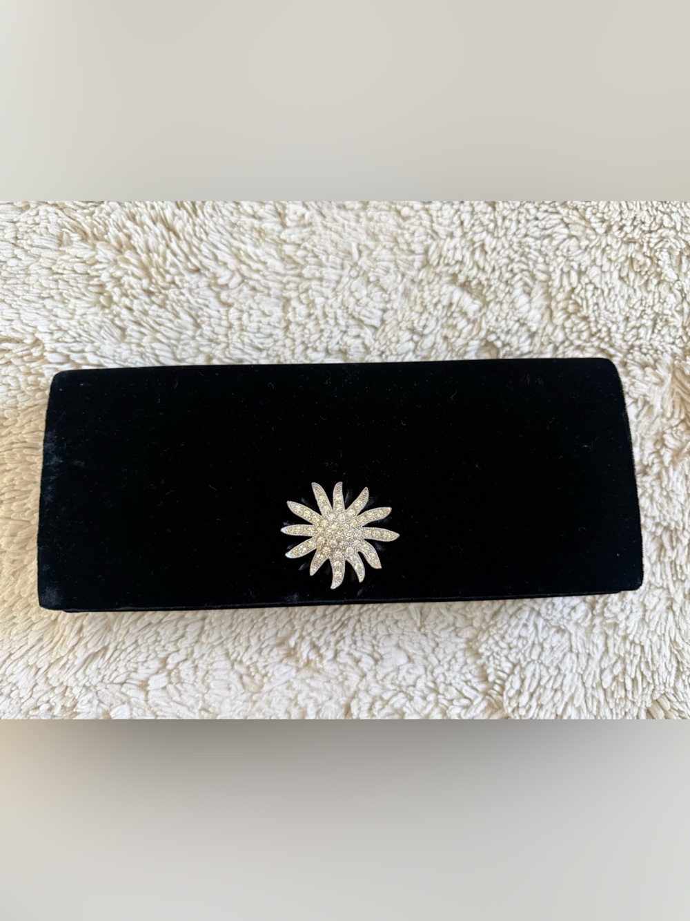 Vanessa Black Velvet Evening Clutch with Crystal Floral Accent